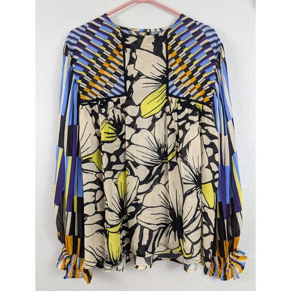 BL^nK x Anthropologie sz L Miranda Peasant Motif Blouse abstract top 0956 - Picture 1 of 7